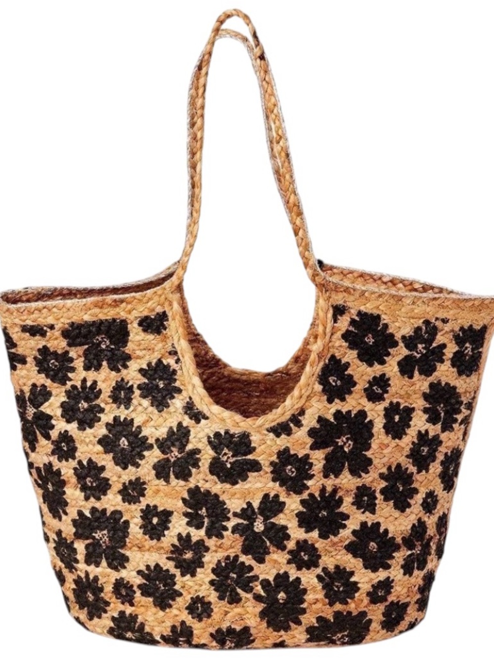 Large Tan & Black Woven floral Jute Floral Bag w/black tassel cowrie shells. - Picture 4 of 11